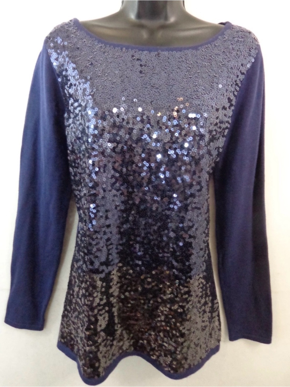 Shiloh M Navy Sequin Long-Sleeve Scoop Neck Top